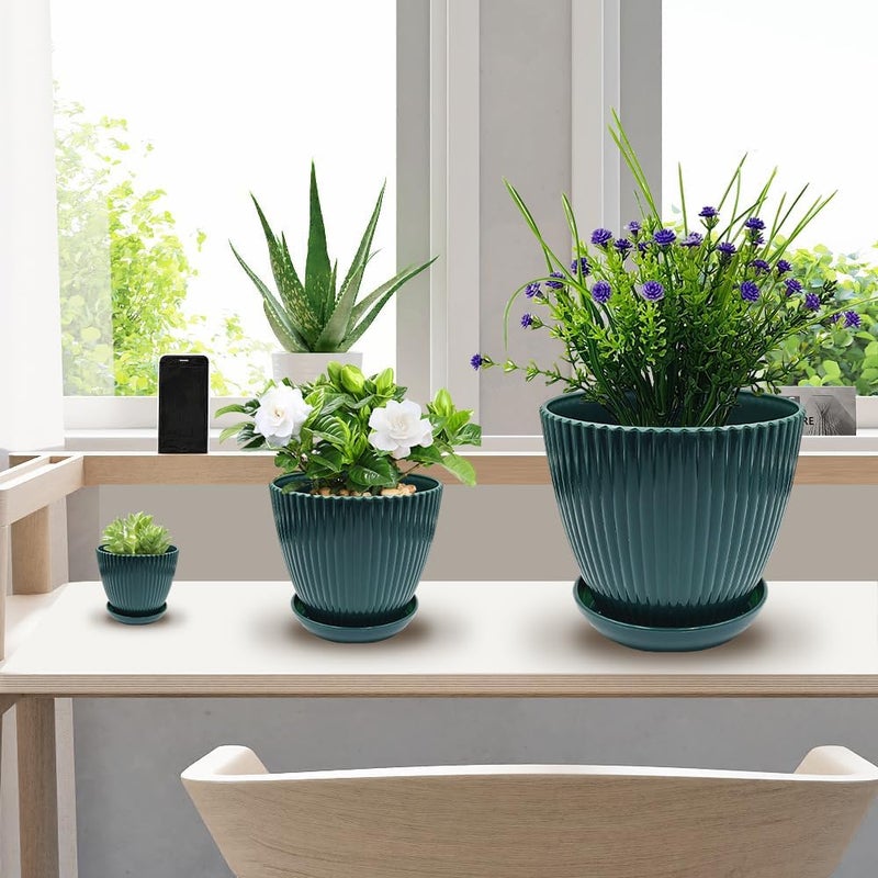 RooTrimmer 7.5/6.5/5.5/4.9/4.2/3.5 inches Plant Planters 6 Pack, Thick Sturdy Plastic Plant Pots, Indoor/Outdoor 6 Sizes Flower Pots with Drainage Holes and Saucers (6 Sizes, Dark-Green) - Image 4