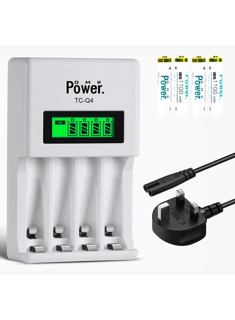 DMK Power 4pcs AAA 1.2V 1100mAh High Capacity Rechargeable Batteries and TC-Q4 AAA AA Four Slot Independent Intelligent Quick LCD Charger for Ni-MH/Ni-CD Rechargeable Batteries with 3pin UK Plug Cable - Image 1
