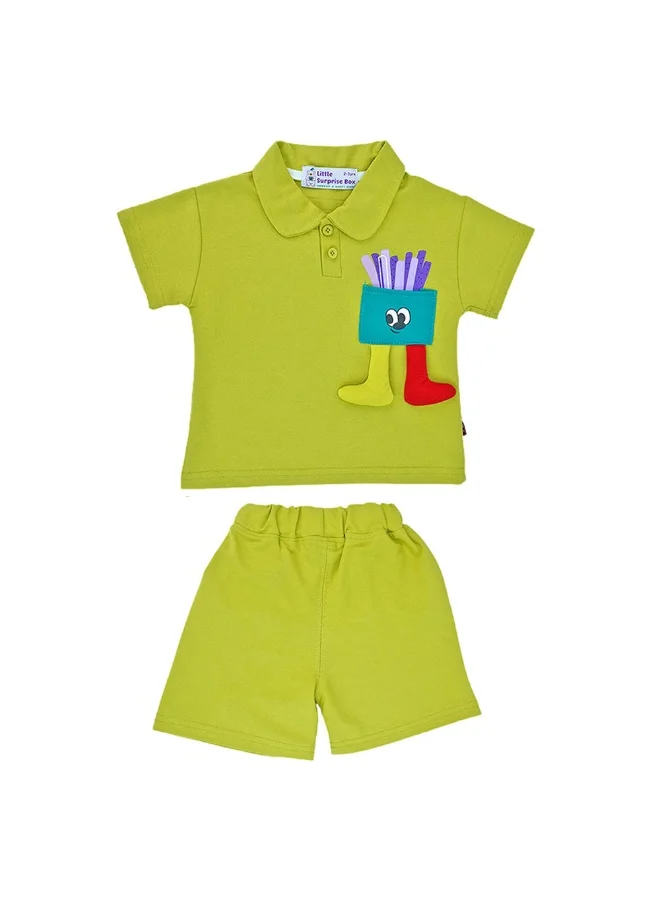 صندوق المفاجآت الصغيرة Green French Fries Themed 2 Pcs Shorts Set For Toddlers And Kids