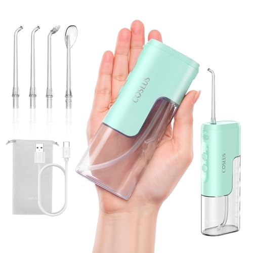 COSLUS Mini Water Flosser for Travel: Portable Lightweight Design Cordless Oral Irrigator with Removable Tank & 4 Modes, IPX7 Waterproof for Braces, Sensitive Teeth Travelers & Family Use, Green, T40 - Image 1