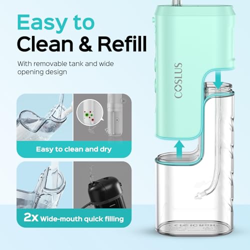 COSLUS Mini Water Flosser for Travel: Portable Lightweight Design Cordless Oral Irrigator with Removable Tank & 4 Modes, IPX7 Waterproof for Braces, Sensitive Teeth Travelers & Family Use, Green, T40 - Image 5