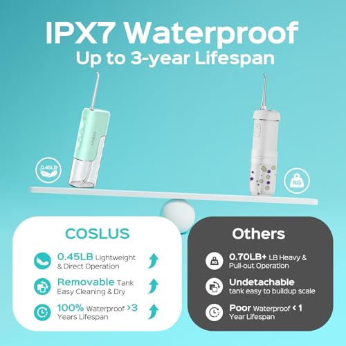 COSLUS Mini Water Flosser for Travel: Portable Lightweight Design Cordless Oral Irrigator with Removable Tank & 4 Modes, IPX7 Waterproof for Braces, Sensitive Teeth Travelers & Family Use, Green, T40 - Image 3