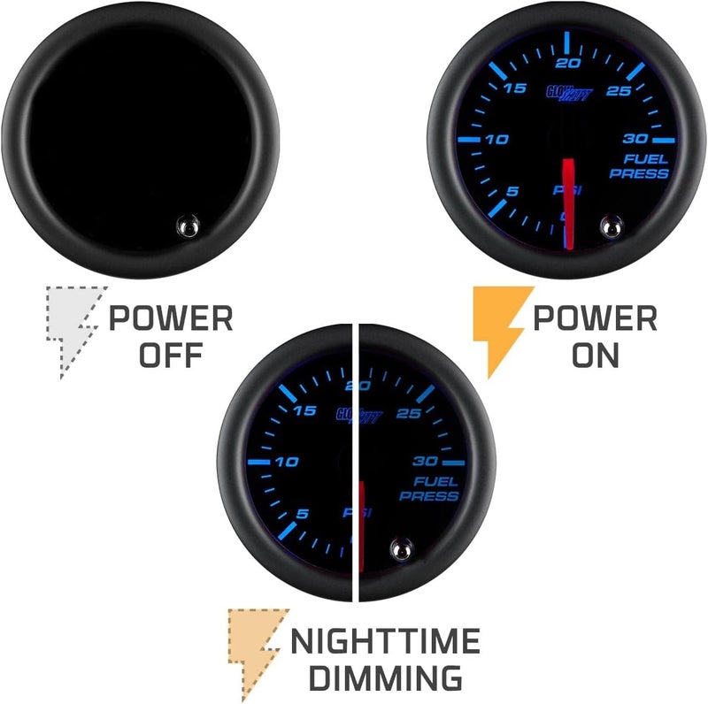 GLOWSHIFT Tinted 7 Color 30 PSI Fuel Pressure Gauge Kit for Diesel Trucks - Includes 1/8-27 NPT Electronic Sensor & Wiring - Multi-Color Display - Black Dial - Smoked Lens - 2-1/16" 52mm - Image 4