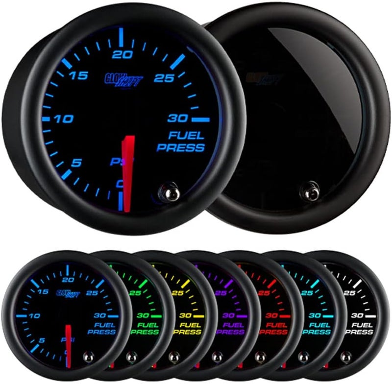 GLOWSHIFT Tinted 7 Color 30 PSI Fuel Pressure Gauge Kit for Diesel Trucks - Includes 1/8-27 NPT Electronic Sensor & Wiring - Multi-Color Display - Black Dial - Smoked Lens - 2-1/16" 52mm - Image 1
