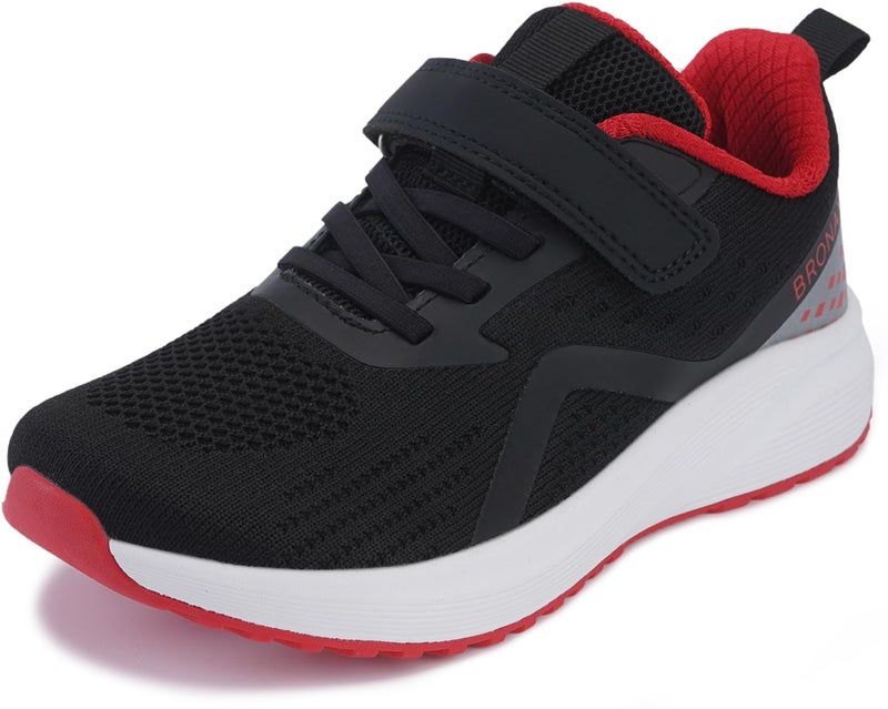BRONAX Wide Width Tennis Shoes for Boys Size 5w Wide Toe Box Running Sneakers for Big Kids Cushioned Comfy Lightweight Hook and Loop Mesh Black Red 37 - Image 1
