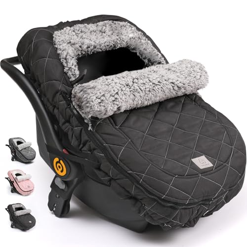 ACRABROS Car Seat Cover Baby: Winter Infant Carseat Canopy for Boy Girl Newborn, Zipper Peeping Window, Warm Cozy Cold Weather Waterproof Fitted, Black - Image 1