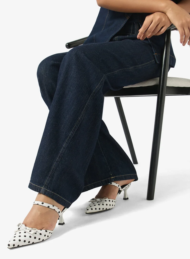 Polka Dot Bow Detail Sling Back Mid Heel Pumps