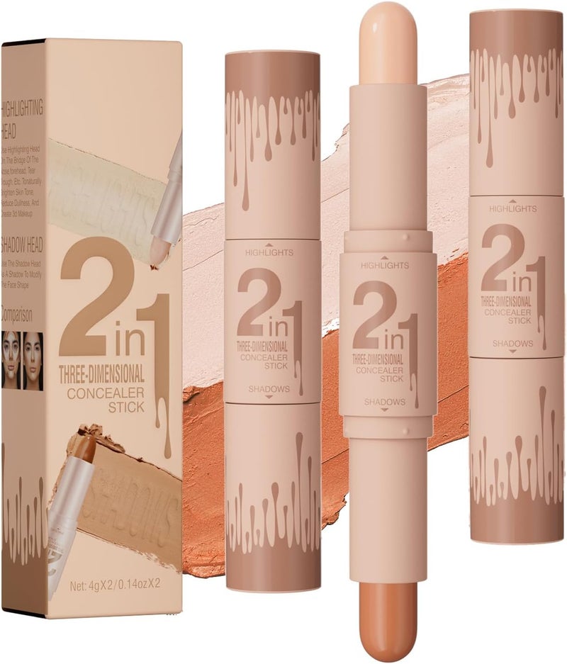 2PCS Dual Ended Contour Stick 2in1 Highlighter Bronzer Stick for Sculpting Concealing and Brightening Face Waterproof and LongLasting Makeup Stick Smooth Matte Finish