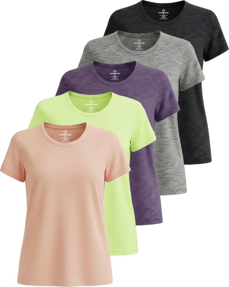 REALESSENTIALS Real Essentials 5 Pack: Women's Short Sleeve T-Shirts Workout Tops Fitness Pilates Gym Activewear Athletic (Plus Available), Set 11, XL, Pack of 5 - Image 1