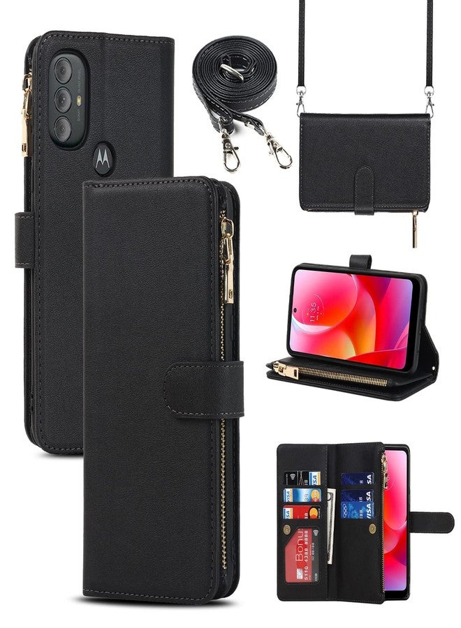 Jaorty Case for Motorola Moto G Pure (2021)/ Moto G Power (2022)/ Moto G Play (2023) Wallet Case,[9 Card Slots] Removable Adjustable Crossbody Necklace Lanyard Shoulder Strap Zipper Case 6.5",Black - Image 1