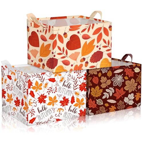 Geelin 3 Pcs Thanksgiving Storage Baskets for Gifts Collapsible Waterproof Canvas Harvest Autumn Maple Leaf Storage Bin Organizer with Handles for Book Closet Shelf Nursery Autumn Home Decor - Image 1