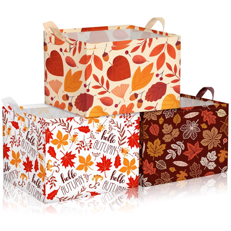 Geelin 3 Pcs Thanksgiving Storage Baskets for Gifts Collapsible Waterproof Canvas Harvest Autumn Maple Leaf Storage Bin Organizer with Handles for Book Closet Shelf Nursery Autumn Home Decor - Image 2