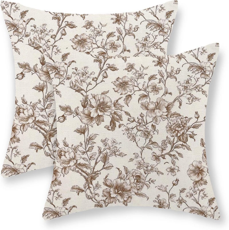 GOLIANDA Brown Pillow Covers 20x20 Set of 2 Brown and Cream Floral Chinoiserie Throw Pillows Vintage Rustic Toile Flower Decorative Pillow Cases Outdoor Chinoiserie Decor Cushion Case for Couch Sofa - Image 1