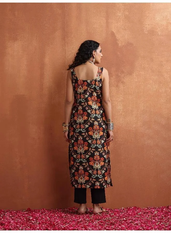 ترو برونز trueBrowns Black Print Straight Kurta Set