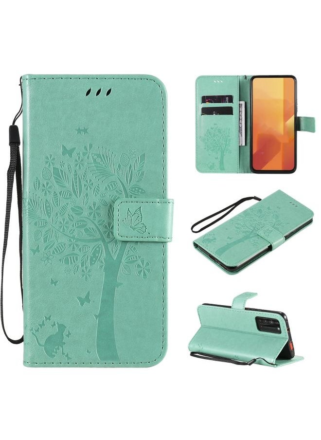 Generic Case Cover For Huawei Honor X10 5G Tree & Cat Embossed Pattern Horizontal Flip Leather Case with Holder & Card Slots & Wallet & Lanyard Green 