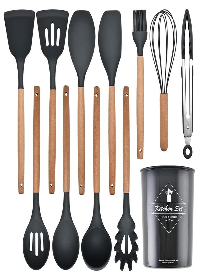 CASTANEA Silicon Cooking Utensils Kitchen Set 12 Pcs Spoon Spatula Brush Turner Ladle Fork Whisk Sets Utensil Set Wooden Handle with Non-Stick Silicon Cooking Tools, Kitchen Accessories Items for Home, Hotels - Image 1