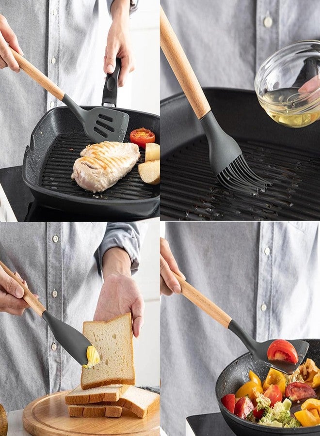 CASTANEA Silicon Cooking Utensils Kitchen Set 12 Pcs Spoon Spatula Brush Turner Ladle Fork Whisk Sets Utensil Set Wooden Handle with Non-Stick Silicon Cooking Tools, Kitchen Accessories Items for Home, Hotels - Image 4