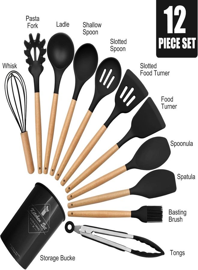 CASTANEA Silicon Cooking Utensils Kitchen Set 12 Pcs Spoon Spatula Brush Turner Ladle Fork Whisk Sets Utensil Set Wooden Handle with Non-Stick Silicon Cooking Tools, Kitchen Accessories Items for Home, Hotels - Image 5