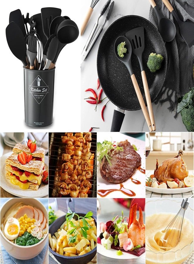 CASTANEA Silicon Cooking Utensils Kitchen Set 12 Pcs Spoon Spatula Brush Turner Ladle Fork Whisk Sets Utensil Set Wooden Handle with Non-Stick Silicon Cooking Tools, Kitchen Accessories Items for Home, Hotels - Image 2