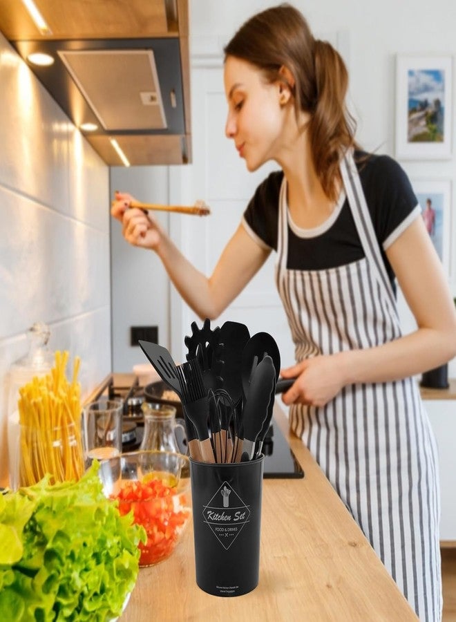 CASTANEA Silicon Cooking Utensils Kitchen Set 12 Pcs Spoon Spatula Brush Turner Ladle Fork Whisk Sets Utensil Set Wooden Handle with Non-Stick Silicon Cooking Tools, Kitchen Accessories Items for Home, Hotels - Image 3
