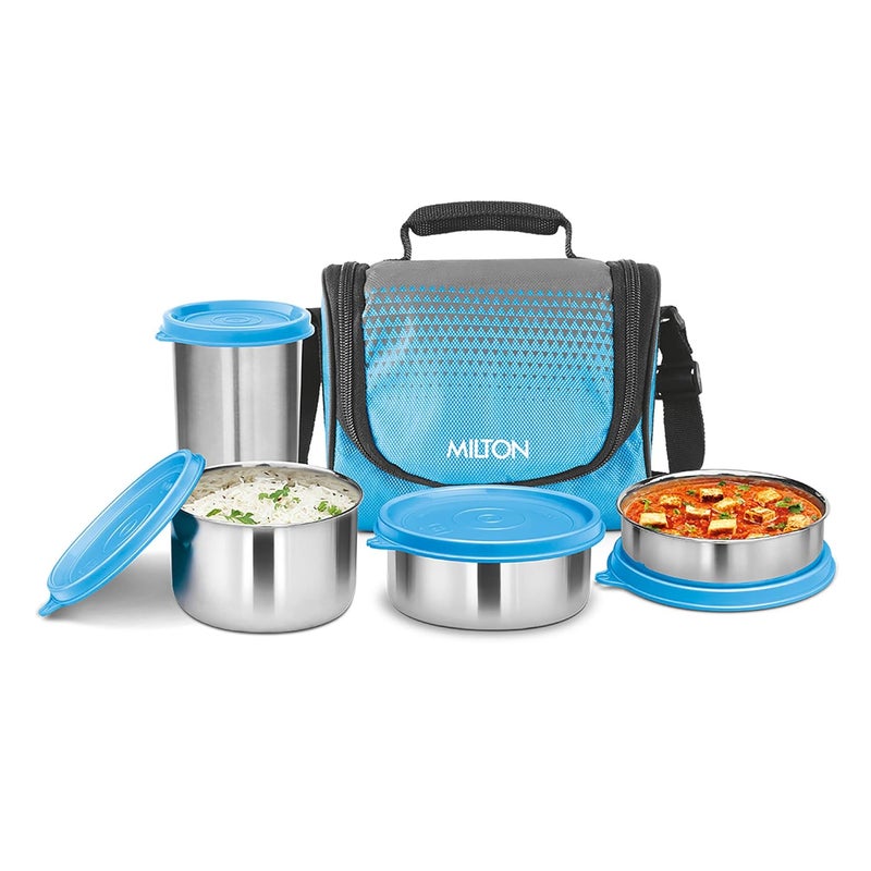 Milton MILTON Tasty 3 Combo Lunch Box with Insulated Fabric Jacket, 3 Stainless Steel Containers (200 ml, 320 ml, 500 ml) & and 1 Tumbler, 380 ml, Leak-Proof Tiffin for Office, College, Picnic, Cyan  - Image 1