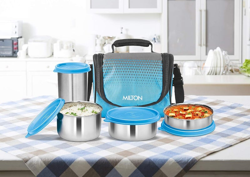 Milton MILTON Tasty 3 Combo Lunch Box with Insulated Fabric Jacket, 3 Stainless Steel Containers (200 ml, 320 ml, 500 ml) & and 1 Tumbler, 380 ml, Leak-Proof Tiffin for Office, College, Picnic, Cyan  - Image 2