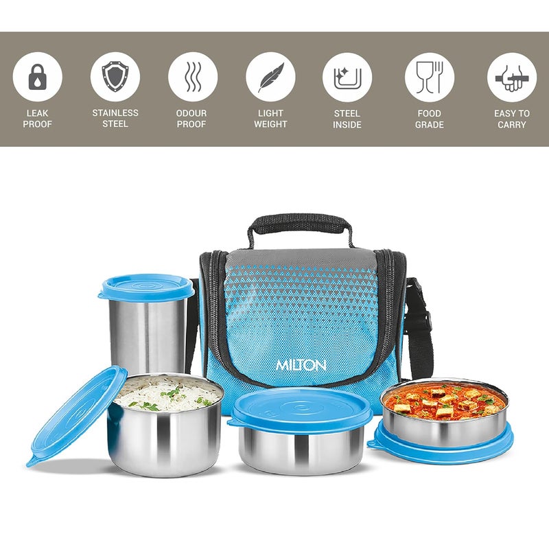 Milton MILTON Tasty 3 Combo Lunch Box with Insulated Fabric Jacket, 3 Stainless Steel Containers (200 ml, 320 ml, 500 ml) & and 1 Tumbler, 380 ml, Leak-Proof Tiffin for Office, College, Picnic, Cyan  - Image 4
