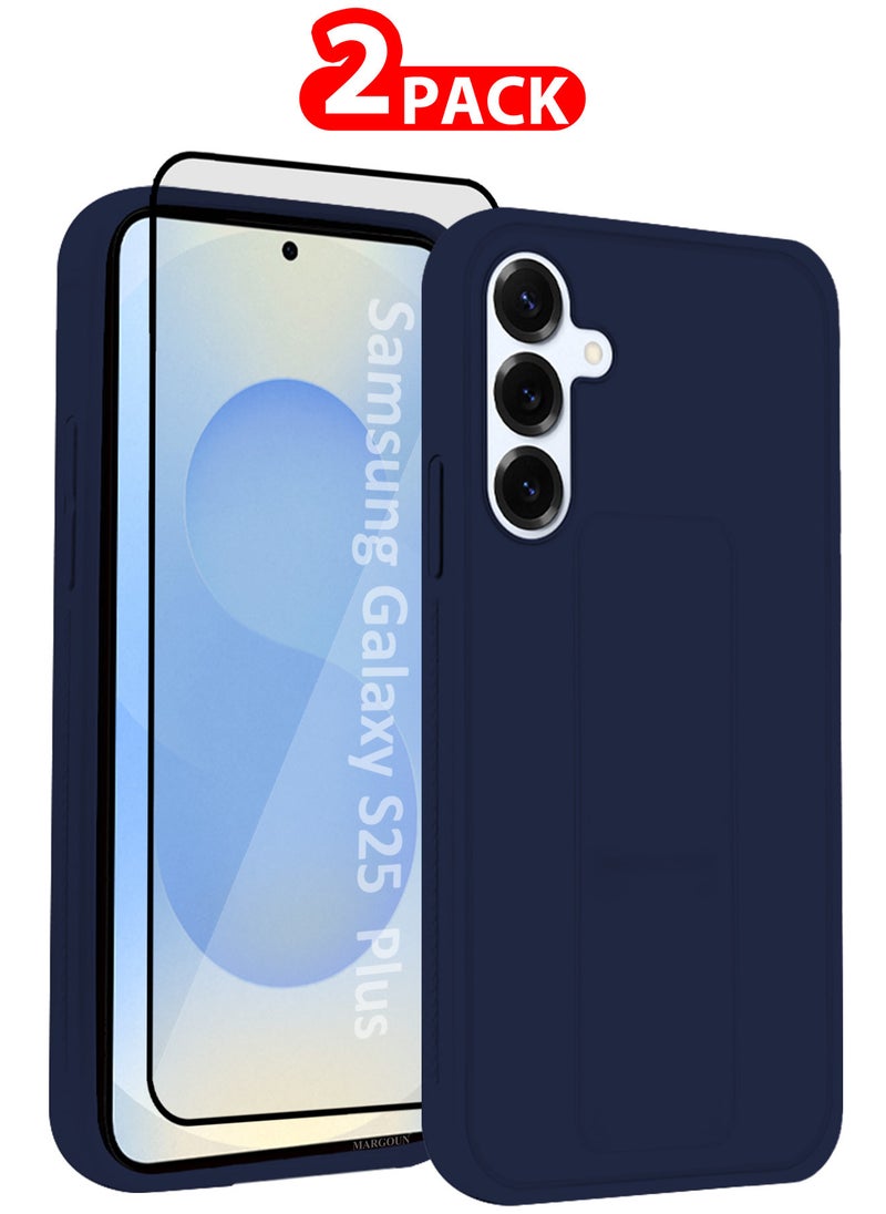 CATANES Galaxy S25 Plus 2Packs Case Silicone with Stand Function Finger Grip Case Cover with 1 Privacy Screen Protector / Dark Blue  - Image 1