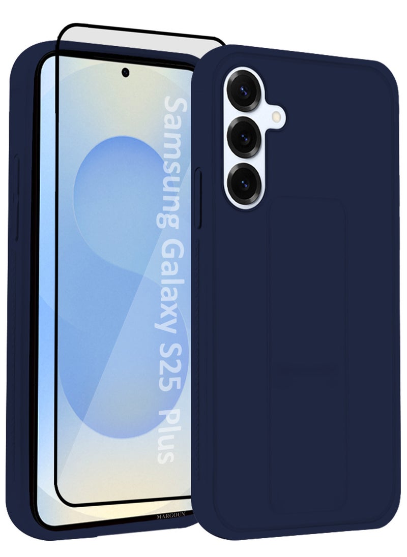 CATANES Galaxy S25 Plus 2Packs Case Silicone with Stand Function Finger Grip Case Cover with 1 Privacy Screen Protector / Dark Blue  - Image 3