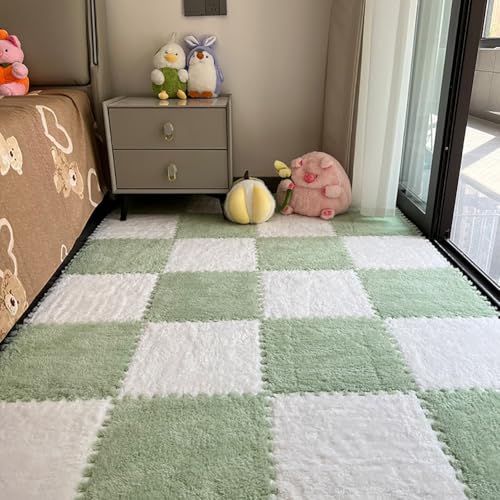 LOWEMN 12 Pcs Plush Foam Interlocking Carpet TilesSoft Shaggy Fluffy Floor Area Rugs with PaddingColorful Floor Protective Mats for Home Kids Room Playroom White and Green 118 x 118 x 039 - Image 1