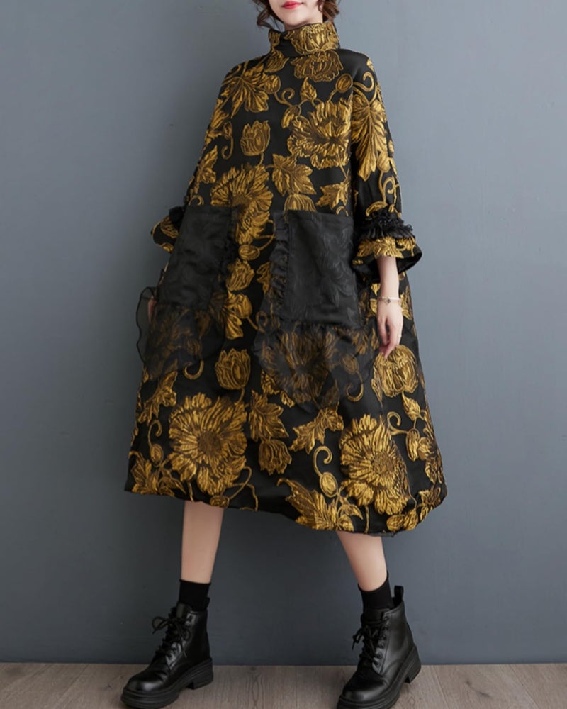 ellazhu Women's Printed Patchwork Mock Neck Flared Cuffs Dress GZ94 A, Black Yellow, Small-X-Large - Image 5