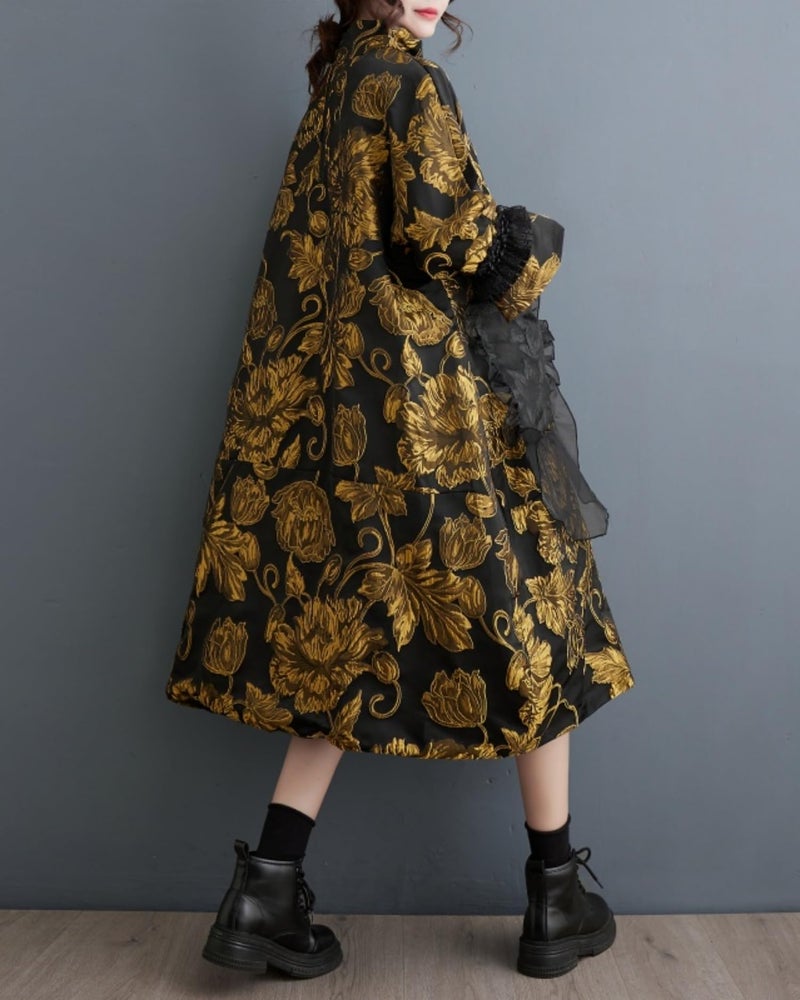 ellazhu Women's Printed Patchwork Mock Neck Flared Cuffs Dress GZ94 A, Black Yellow, Small-X-Large - Image 4