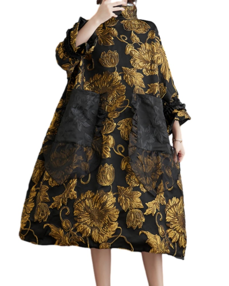 ellazhu Women's Printed Patchwork Mock Neck Flared Cuffs Dress GZ94 A, Black Yellow, Small-X-Large - Image 1
