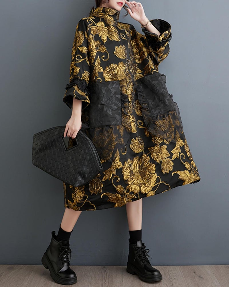 ellazhu Women's Printed Patchwork Mock Neck Flared Cuffs Dress GZ94 A, Black Yellow, Small-X-Large - Image 3