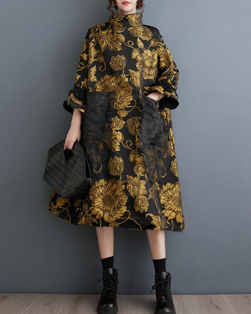 ellazhu Women's Printed Patchwork Mock Neck Flared Cuffs Dress GZ94 A, Black Yellow, Small-X-Large - Image 2