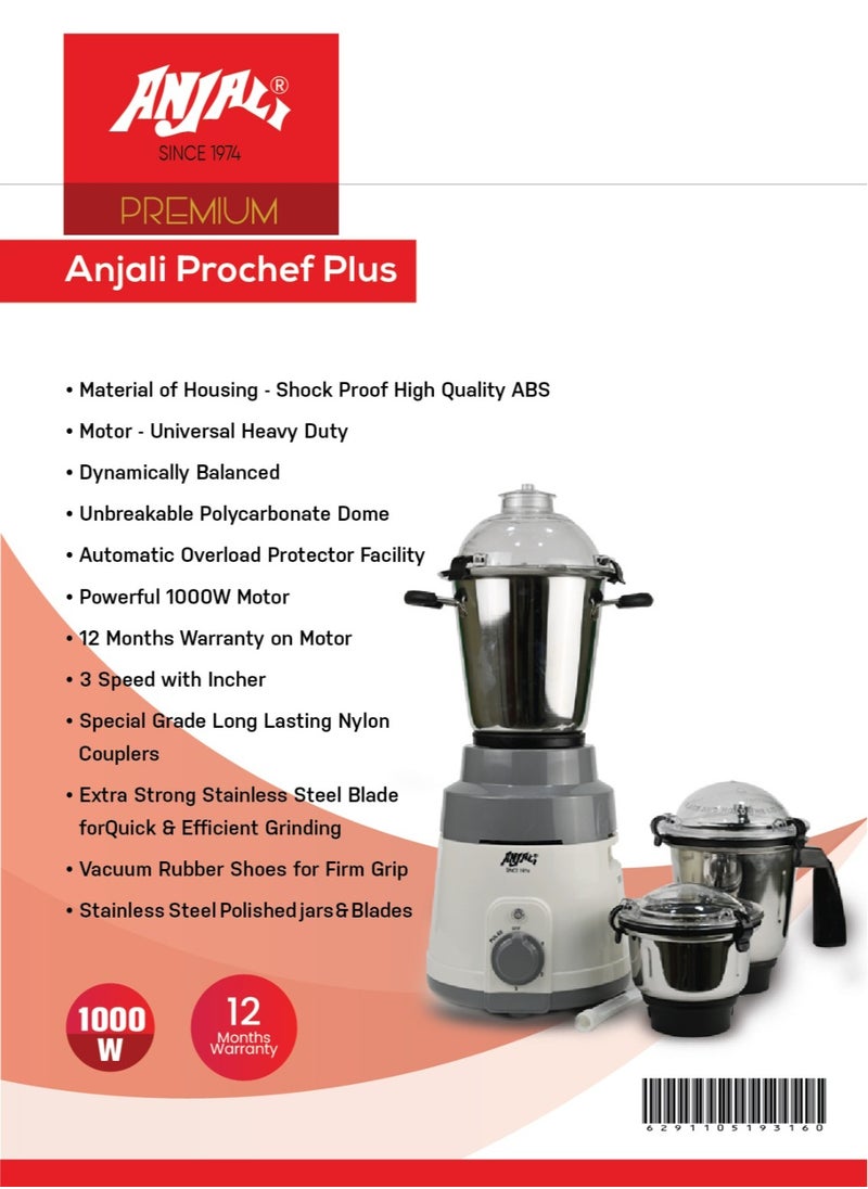 Anjali Kitchenware - ANJALI PRO CHEF INDIAN MIXER 1000W (3 JAR) - Image 1