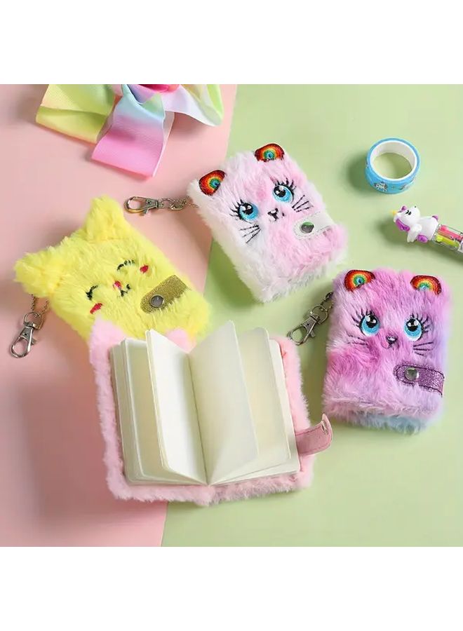 Cute Plush Cat Diary Keychain Notebook Yellow Big Eyes Ears Design Soft Fluffy Cover Metal Clasp Durable Backpack Pendant Exclusive Gift For Cat Lovers Journaling Enthusiasts Whimsical Design Fluffy Texture - Image 1