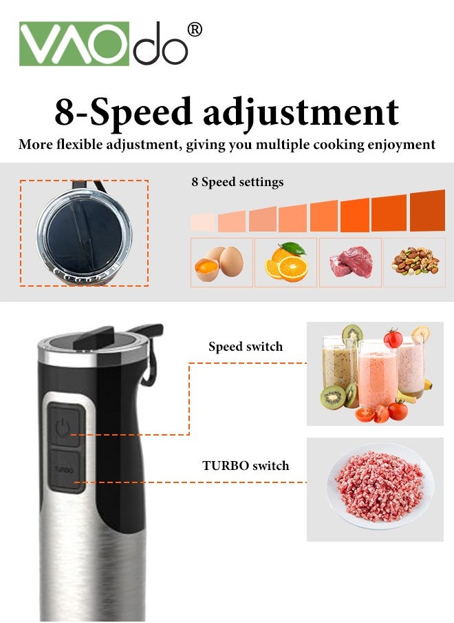 3 in 1 Immersion Blender,1000W Heavy Duty Motor Hand Blender,8 Speed Mode 410 Stainless Steel Blade With 600ml Mixing Beaker, 800ml Chopper, Whisk and Milk Frother