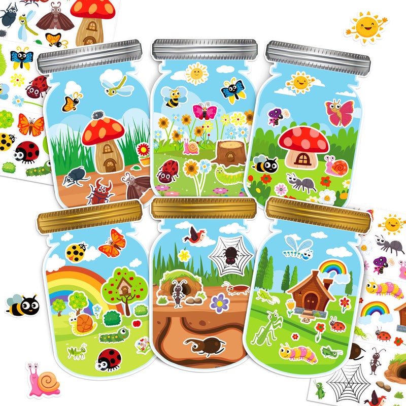 LINAYE 24 Sheets Insect Stickers with Jar Scenes, Make Your Own Bug Jar Stickers, Spring Crafts Activities for Kids Spring Party Decorations Supplies for Kids - Image 1