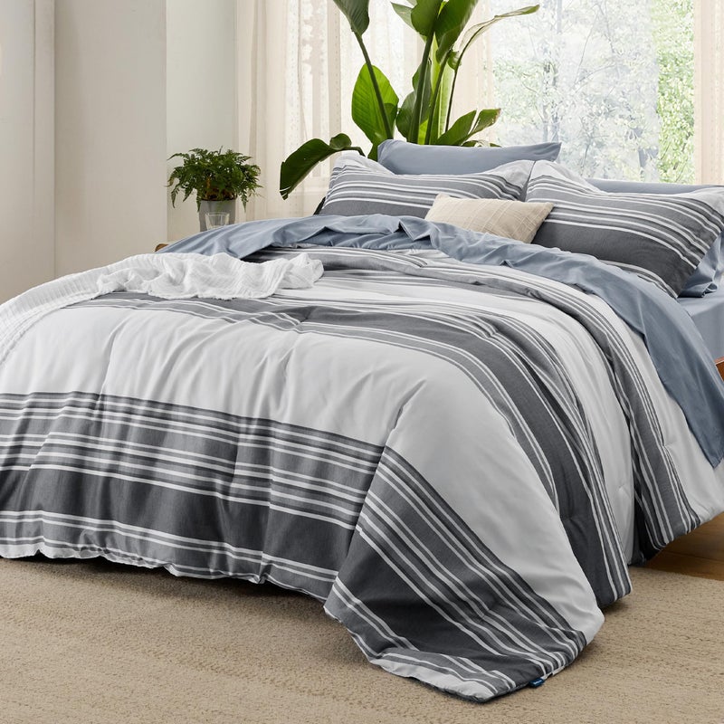 Bedsure Queen Comforter Set 7 Pieces Dark Grey Striped Bedding Set for All Seasons Reversible Cationic Dyeing Bed in a Bag with Comforter Sheets Pillowcases  Shams