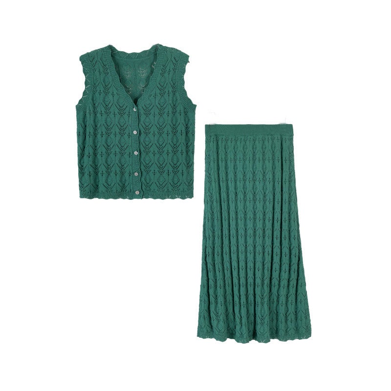 Retro Hollow V-neck Ice Silk Knit Set with A-line Skirt - Image 1