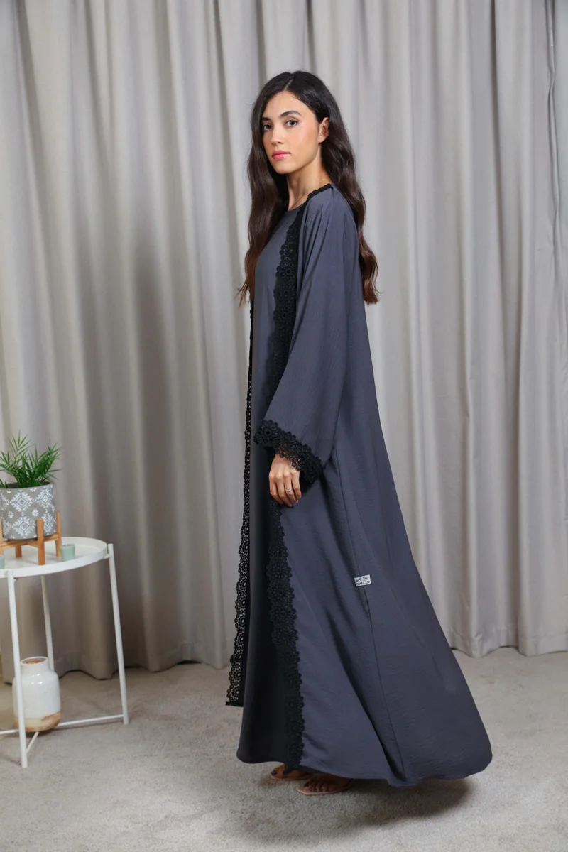 Nikias Nikias Grey Inner Abaya Set with Elegant Black Lace Detail