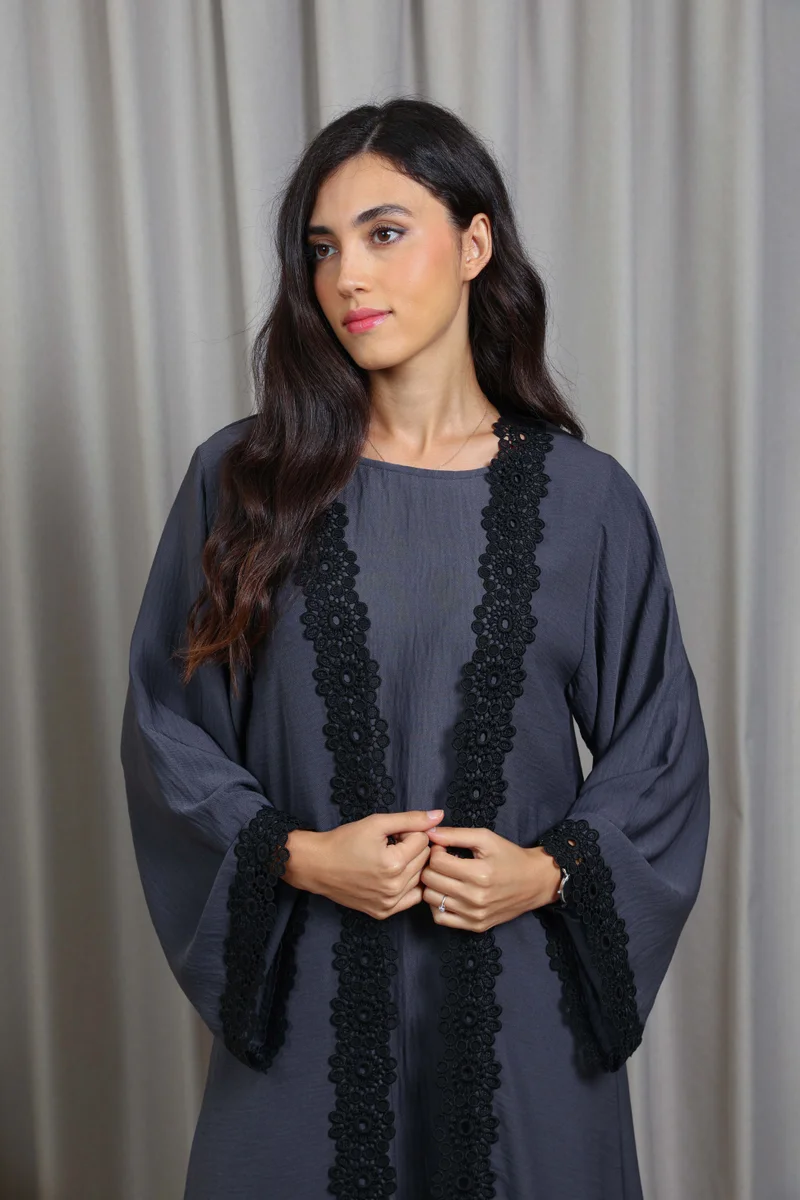 Nikias  Nikias Grey Inner Abaya Set with Elegant Black Lace Detail for Women | Best Price UAE
