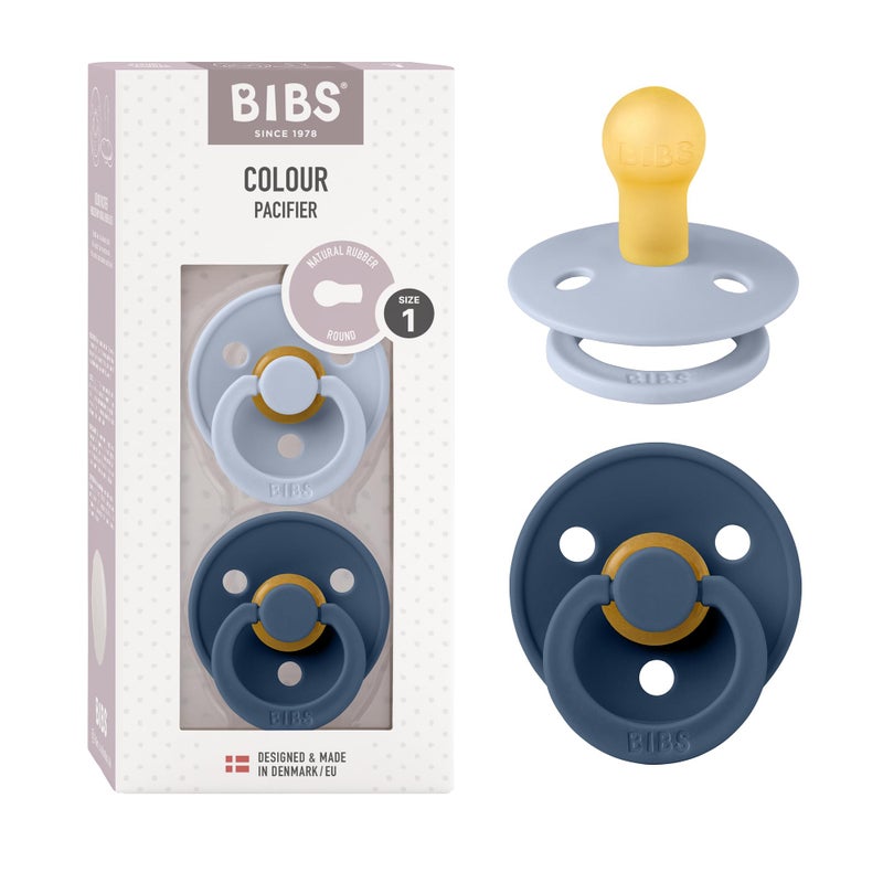 BIBS Colour Soother 2-Pack, BPA Free Dummy Pacifier, Round Natural Rubber Latex, Made in Denmark. 0-6 Months (Pack of 2), Dusty Blue/Steel Blue - Image 1