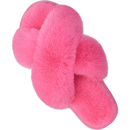 Parlovable Women's Fuzzy Slippers Comfy Cross Band House Shoes Memory Foam Open Toe Indoor Gifts for Ladies Hot Pink 9-10 - Image 1