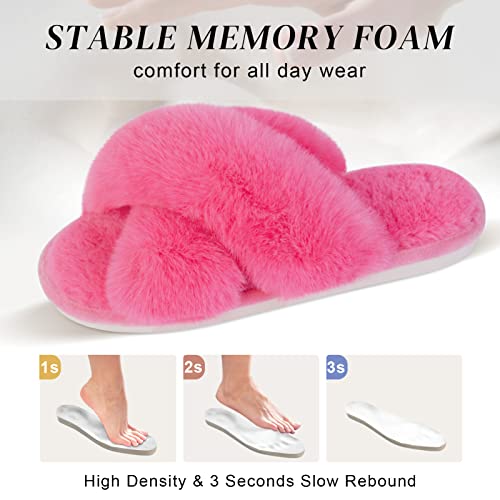 Parlovable Women's Fuzzy Slippers Comfy Cross Band House Shoes Memory Foam Open Toe Indoor Gifts for Ladies Hot Pink 9-10 - Image 3