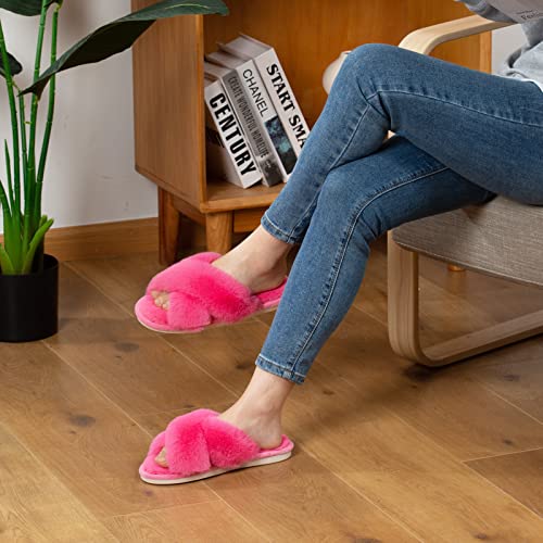 Parlovable Women's Fuzzy Slippers Comfy Cross Band House Shoes Memory Foam Open Toe Indoor Gifts for Ladies Hot Pink 9-10 - Image 5