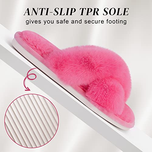 Parlovable Women's Fuzzy Slippers Comfy Cross Band House Shoes Memory Foam Open Toe Indoor Gifts for Ladies Hot Pink 9-10 - Image 4