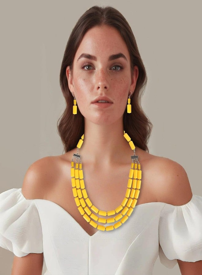 Izpack Jewelry Set for Women Multi Layered Acrylic Beaded Strand Cluster Necklace Dangle Hook Earrings Bracelet Chunky Statement Boho Beads Accessory Jewelry 3Pcs (Yellow) - Image 3