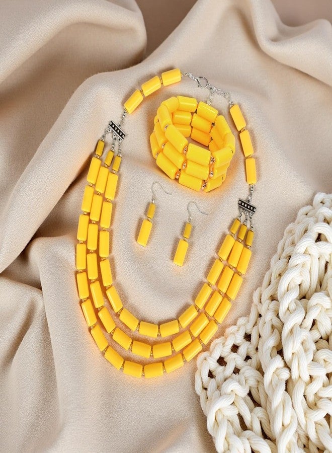 Izpack Jewelry Set for Women Multi Layered Acrylic Beaded Strand Cluster Necklace Dangle Hook Earrings Bracelet Chunky Statement Boho Beads Accessory Jewelry 3Pcs (Yellow) - Image 4